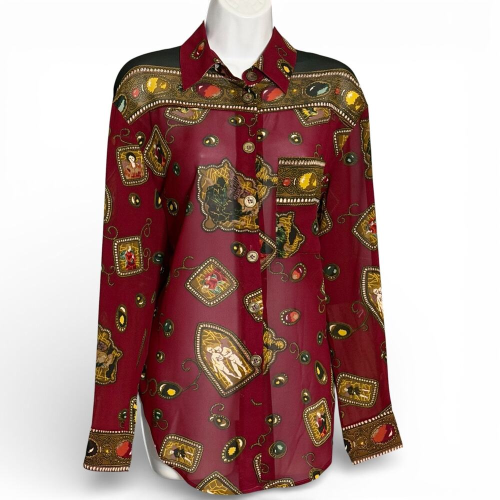 Vintage 80s Nicola Sheer Chiffon Blouse Burgundy Art Print Button Up Top Size M